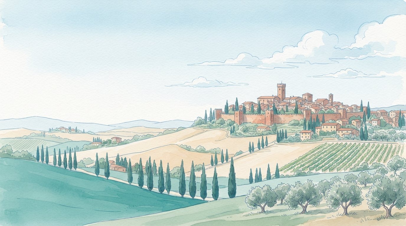 Watercolour illustration of the Val di Chiana, with the village of Torrita di Siena on the hill